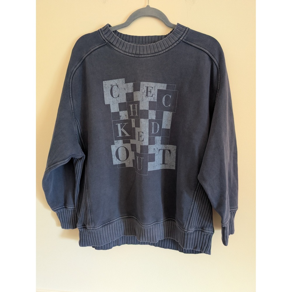 Aerie Checked Out Graphic Oversized Sweatshirt Faded Navy Blue Small lounge wear
